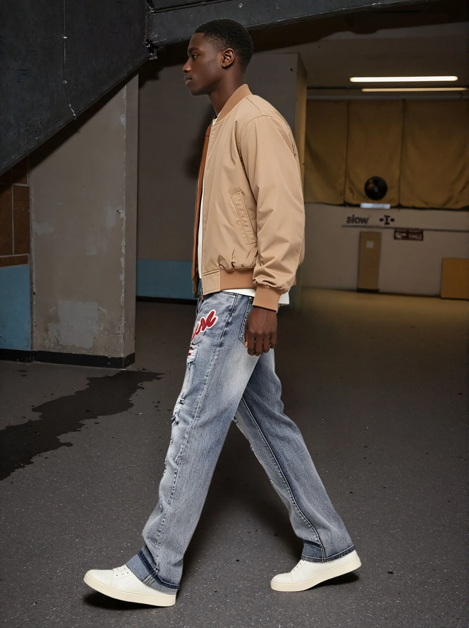 【HME】Men's Jeans | Loose Straight‑Cut Streetwear Denim Pants For Men, Faded Blue‑Grey Washed Denim Trousers, Multi‑Holes Distressed Casual Pants, Eye‑Catching Red Letter Patched Denim Bottoms, Match Sneakers For Urban Street Occasions