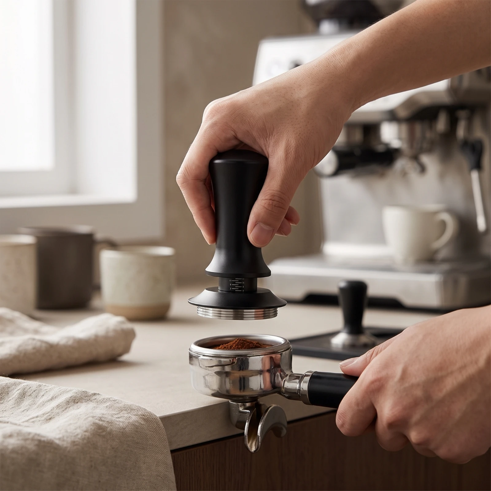 Tamper with Adjustable Scale Ergonomic Spring-Loaded Tamper Kitchen Tool Even Rebound for Baristas