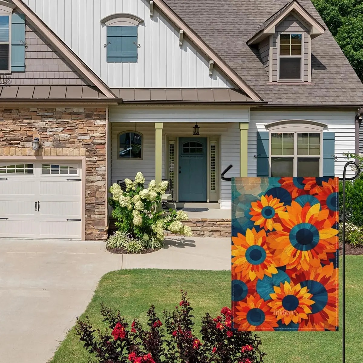 InkRain Sunflower Decorative Flag 28x40 Inch, Geometric Mosaic Sunflower Print, Bold Teal Orange Art Flag for Outdoor Garden MMZ
