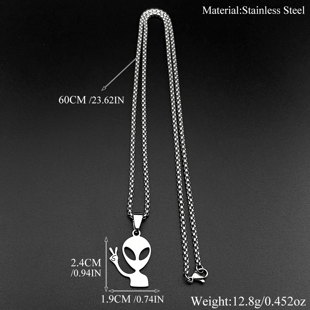 Lustige Alien-Anhänger-Halskette für Damen und Herren, Edelstahl, silberfarben, Goth-Streetwear, Rapper-Schmuck, Ketten-Accessoire – Detail 3