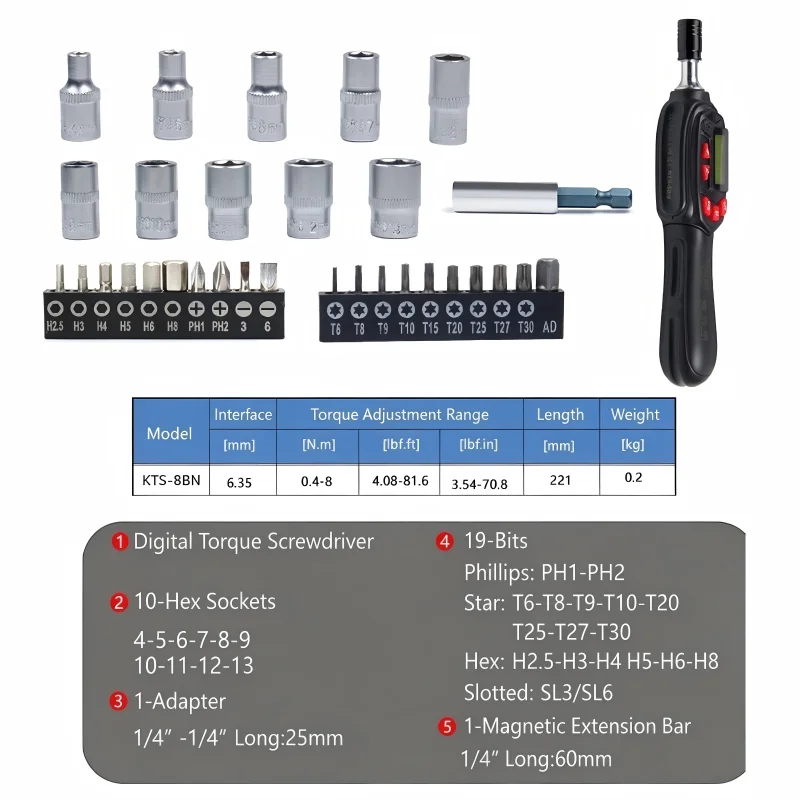 KOOLIWEI KTS0532set Digital Torque Screwdriver Set 1/4
