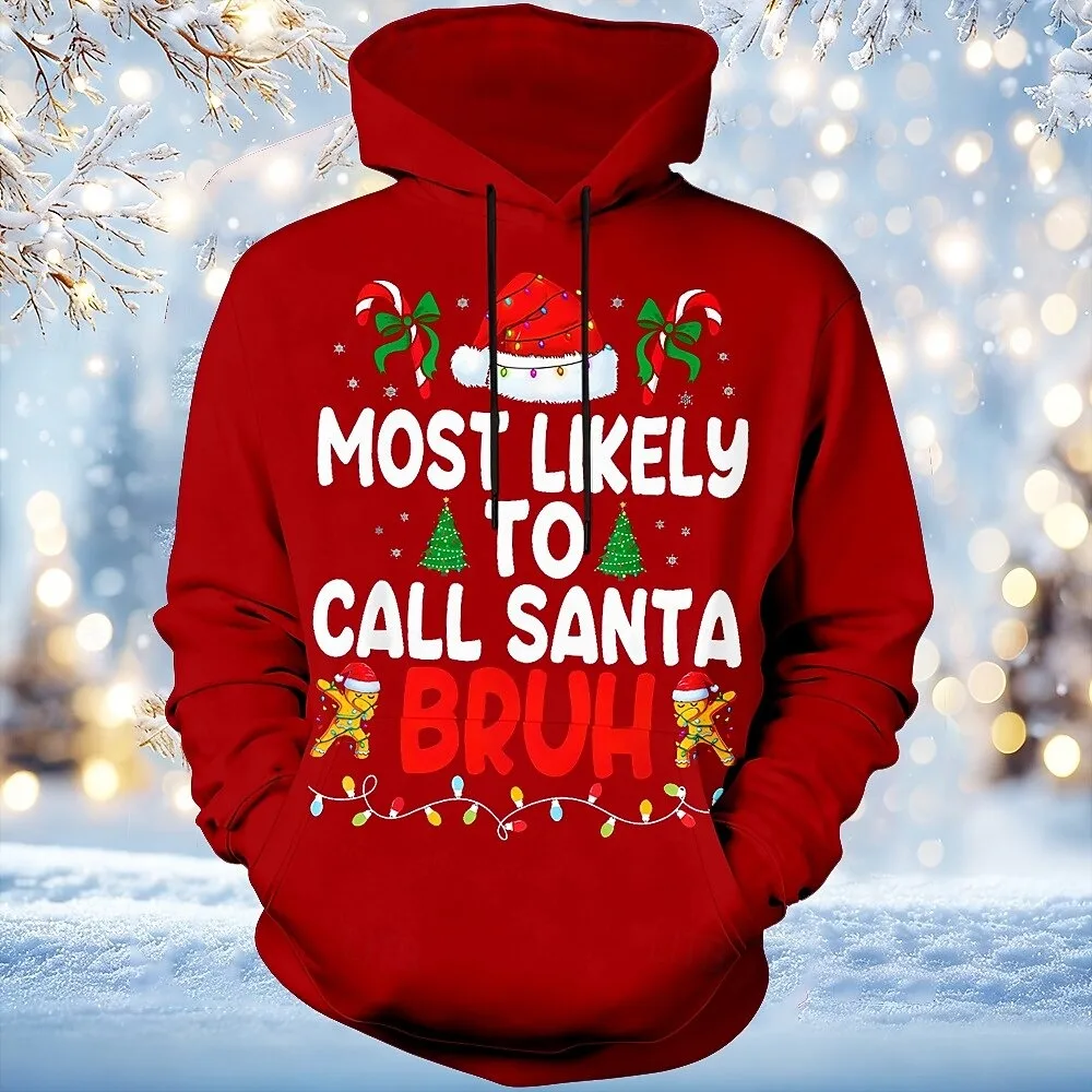 

Men's Christmas Hoodie Funny Most Likely to Call Santa Bruh Graphic Red Pullover Sweatshirt Holiday Humor Gift for Men Clothing