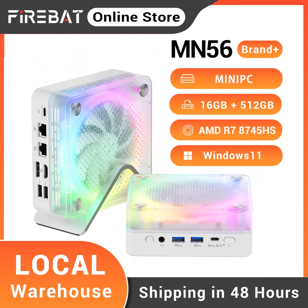 FIREBAT MN56 RGB Fan Mini PC AMD Ryzen 7 8745HS DDR5 16GB RAM 512GB SSD WiFi 6 BT 5.2 USB4 Windows 11 Desktop Computer
