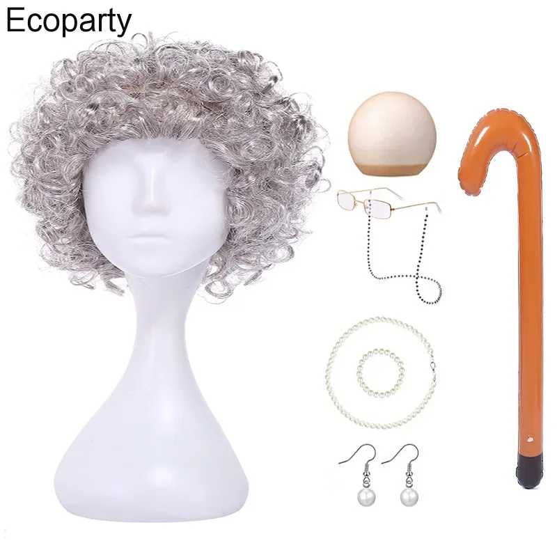 Grandma Wig Performance Cosplay Old Man Role-playing Suit Charter Wife Stage Props Short Curly Hair Silver Wigs Glasses Chain 20