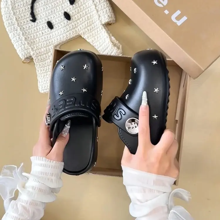 

Black Star Decorated Slippers Women's Outdoor Wear Thick Bottom Half Slippers Summer New Lazy Shoes High-End Cool Sandals