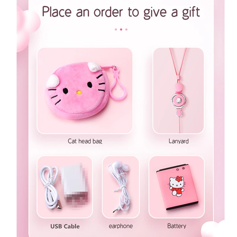 Hello Kitty Cute Mini Mobile Phone with Flip Cartoon No Lock Children Dual Card Mobile Phone with Gift Cat Head Bag Lanyard