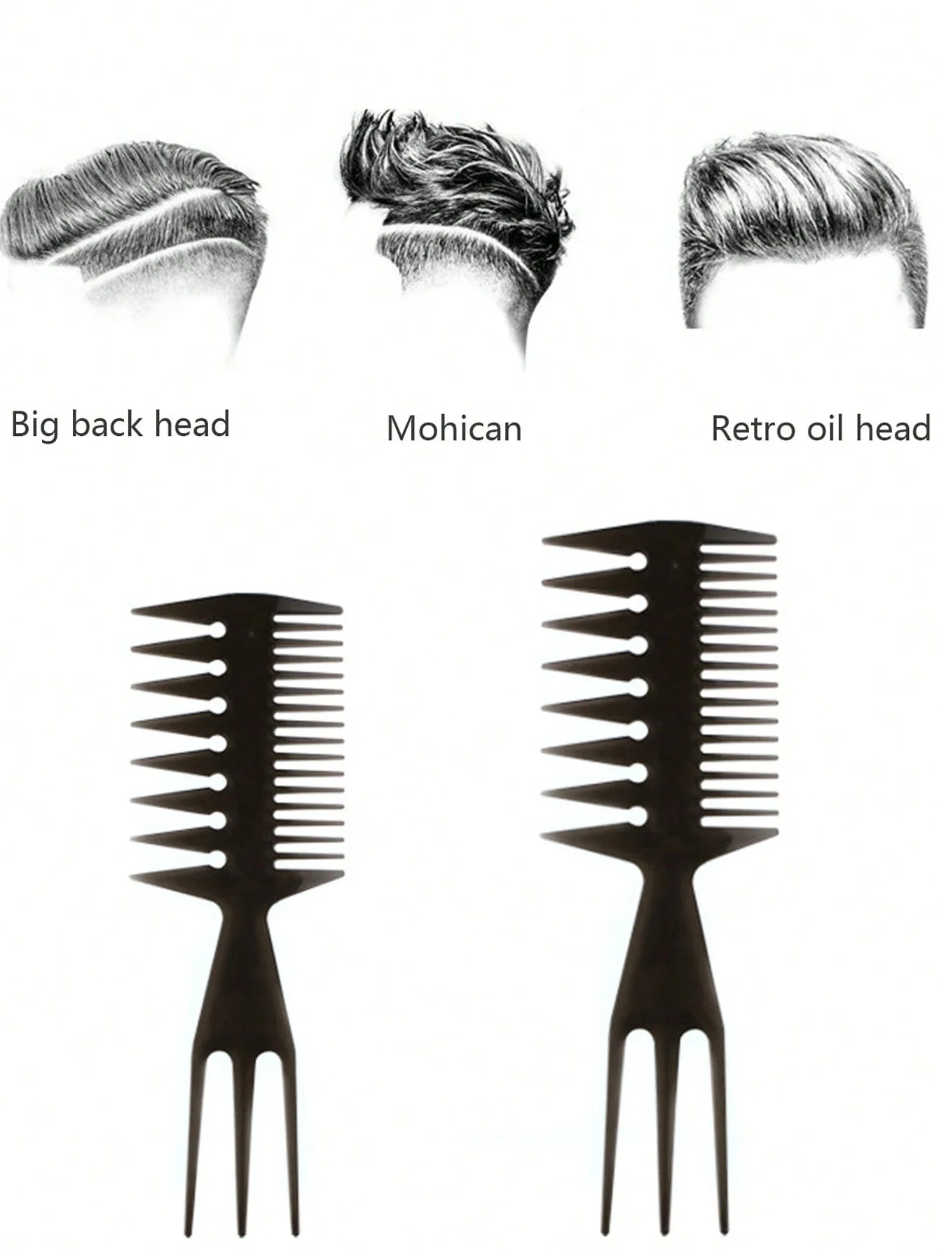 Vintage Oil-Head Comb for Men, Styling Comb with Large Teeth, Texture Comb for Slicked-Back Hair, Double-Sided Comb, Wide-Tooth Comb, Three-In-One Hair Styling Tool, Multifunctional Three-Prong Pointed Tail Hair Cutting Comb, Fish-Shaped Fishbone Comb