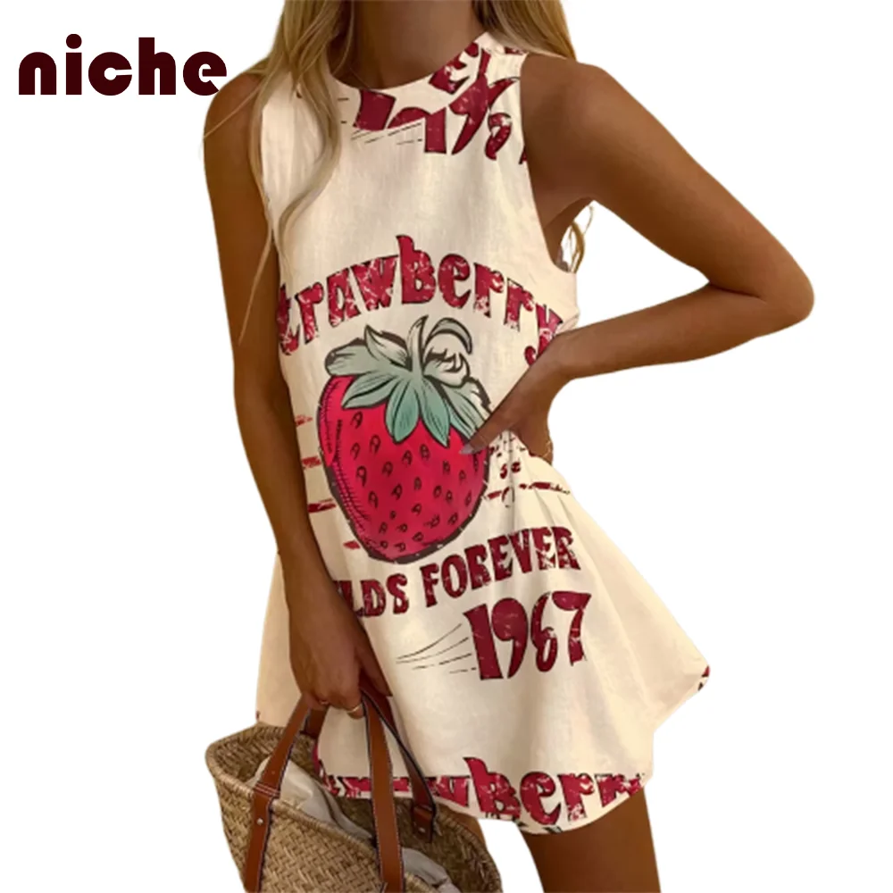 Fashion Women Sleeveless Dress High Quality Cotton And Linen Fabric Strawberry Retro Graphic Printing Trend New Beach Skirt