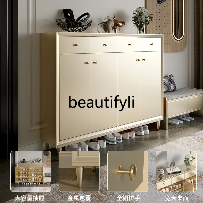 Solid wood shoe cabinet enters the home door against the wall Light luxury high-end shoe rack Special large capacity