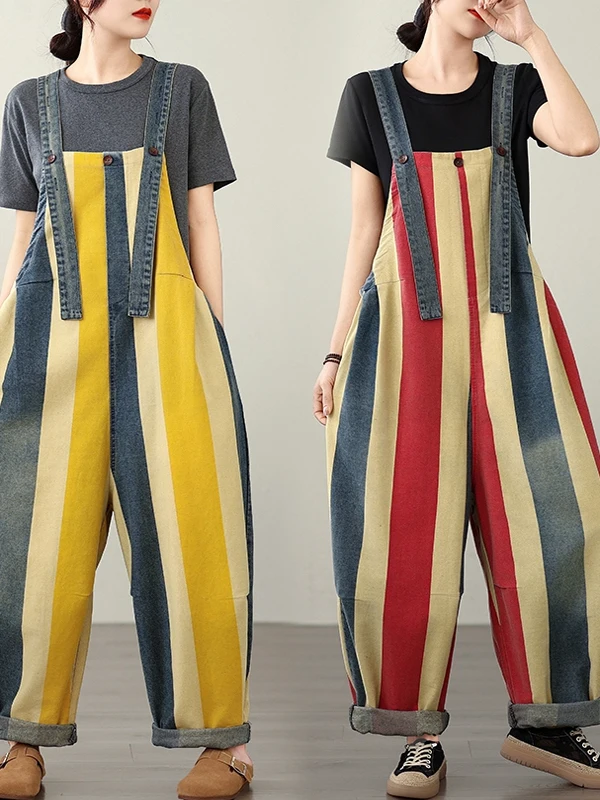 Loose Casual Women's Summer Denim Overalls Printed Striped Nine-Piece Tagl Straight Leg Jeans Casual Comfortable Wide Leg ...