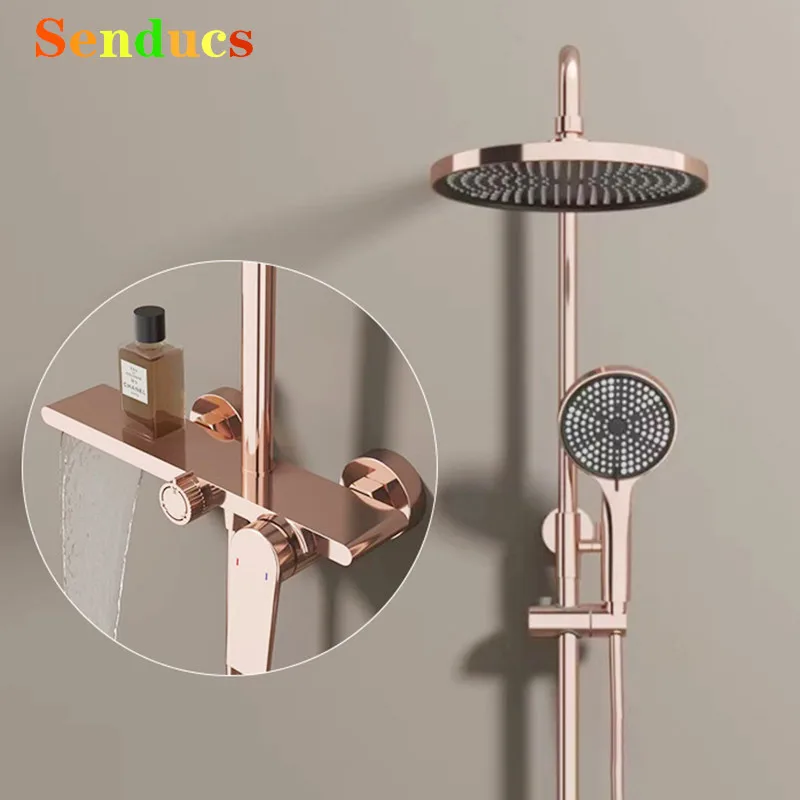 Rose Gold Bathroom Shower System Set 12 Inch Rain Shower Head Quality Brass Hot Cold Bathroom Shower System Faucets Accessories