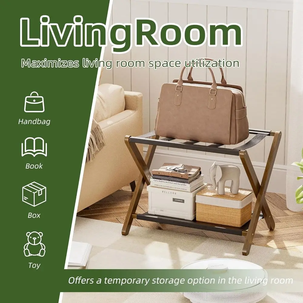 Set di 2 porta valigie pieghevoli in bambù con ripiano portaoggetti, supporto premium per casa, hotel, può contenere fino a 135 libbre