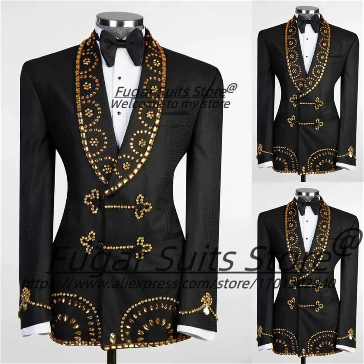 

Luxuly Rhinestone Beaded Double Breasted Men Suit Customized Shawl Lapel Groom Tuxedos 2 Pcs Sets Male Prom Blazers Ropa Hombre