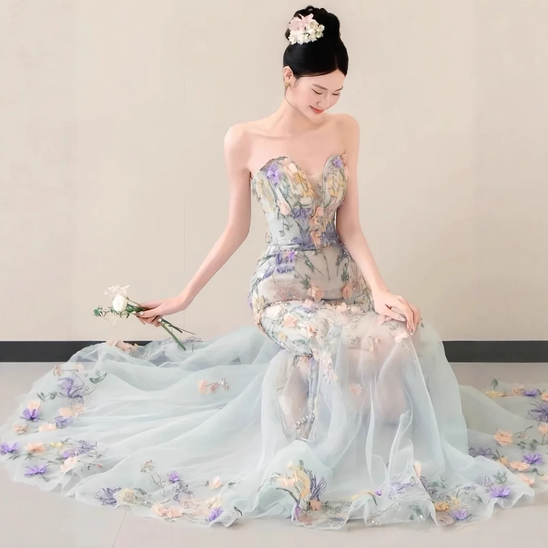 Elegant Evening Dress for Women Strapless Luxurious Banquet Dacing Party Gorgeous Bride Sheer Mermaid Dress Fairy