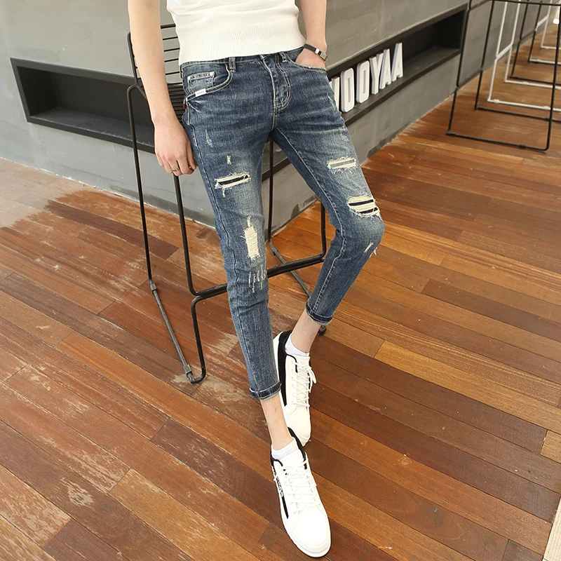 Slim Fit Men's Jeans Small Size Worn out Denim Spring Autumn 27 Inch Low Waist Nine Point Cotton Polyester Elastic Fiber