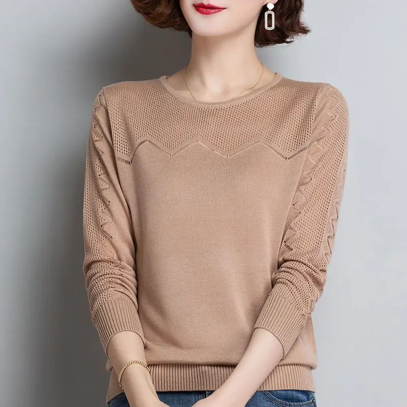 2023 New Spring Fashion Solid Color Round Neck Hollow Knitted Long Sleeve Temperament Commuter Loose Women's Casual Sweater