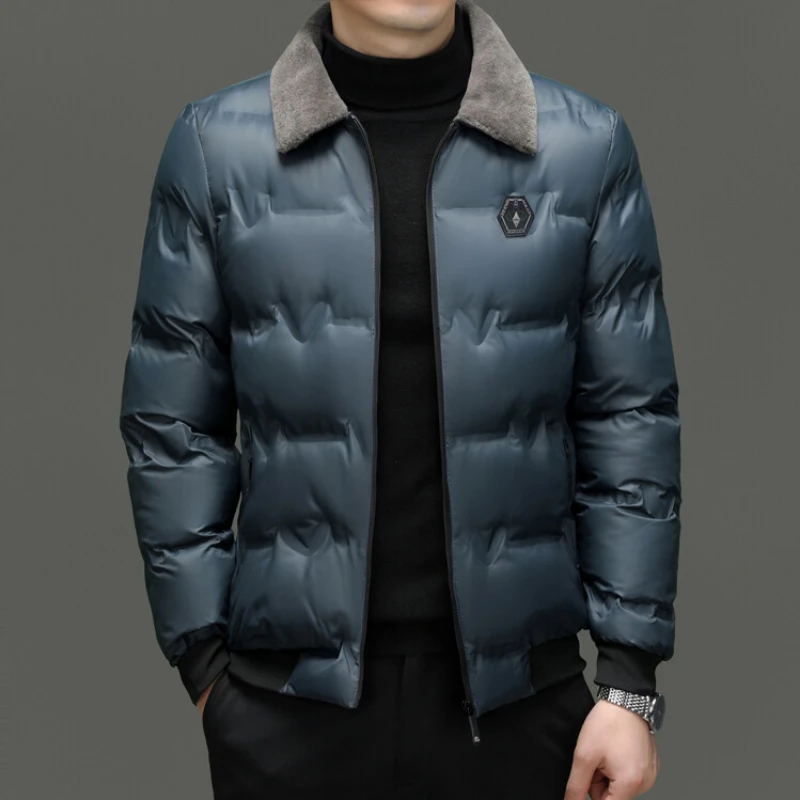 Jacket Style Cotton Coat Men's Solid Color Hatless Wool Collar Cotton Parkas Winter Windproof and Warm