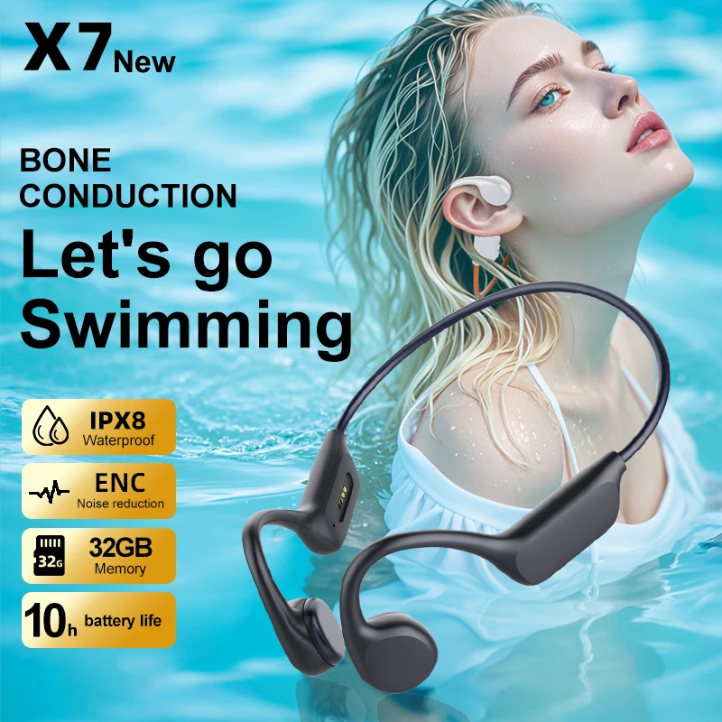 IPX8 Waterproof Bone Conduction Headphones Open Ear Sports Swimming Headset 32GB Memory Bluetooth MP3 Dual Mode HiFi Stereo