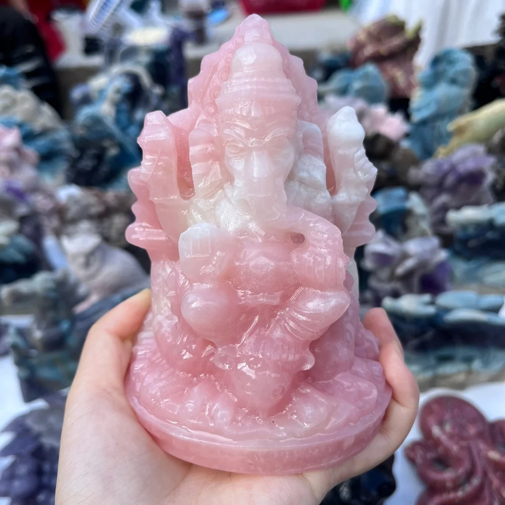 1PCS Natural Quartz pink opal Ganesha Carving Polished Reiki Healing Energy Stone for Feng Shui Room Decor & Gift