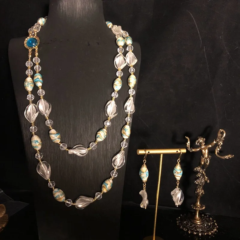 White irregular glass bead long necklace copper ear hook earrings  medieval  style sweater chain for women