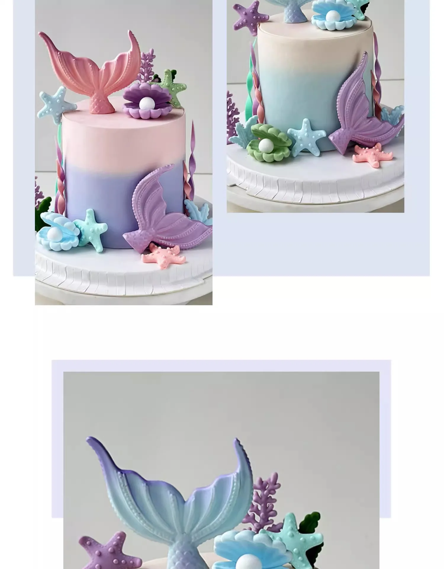 Meerjungfrauenschwanz-Kuchenaufsatz unter dem Meer, Dekor mit Korallenschalen für Geburtstag, Babyparty, Ozean-Thema, Partyzubehör – Detail 2