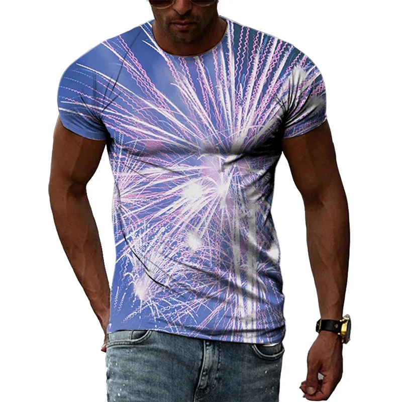 Dazzling Colors Romantic Fireworks Print High Definition Men and Women Versatile Charm Around the Neck Short-sleeved T-shirt