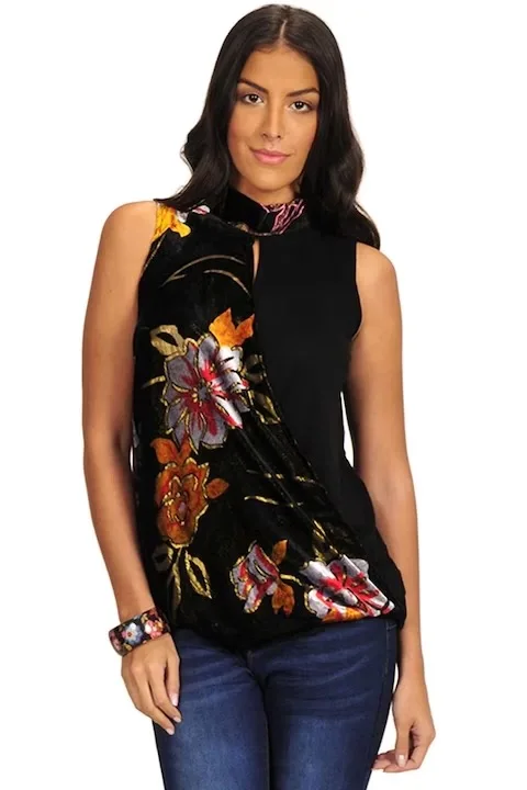 

Spanish original women's contrasting gold velvet patchwork sleeveless small stand up collar top