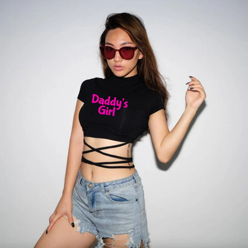 YES DADDY Letter Print Summer Women Black Short T-Shirts Sexy Crop Tops Short Sleeve Bandage Tee Tops Female Shirts