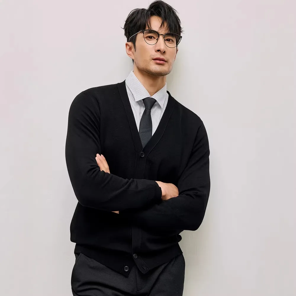 

Мужской теплый вязаный кардиган с V-образным вырезом, базовый слой для зимы, повседневная куртка для поездок на работу, дышащий полиэстер с длинными рукавами