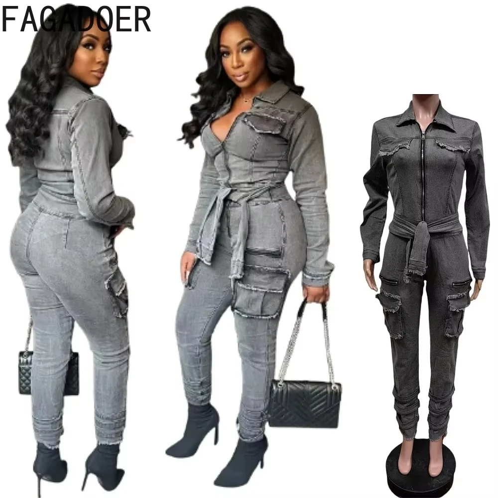 FAGADOER Retro Grey Denim Jumpsuits Women Cargo Pockets Zip Bodycon Jeans Stretchy Quality Overalls Streetwear Autumn New