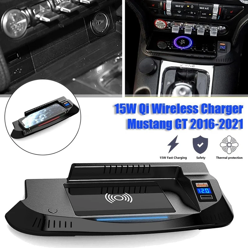 15W Car QI Wireless Charger Pad Plate Phone Holder Accessories For Ford Mustang GT 2015-2021