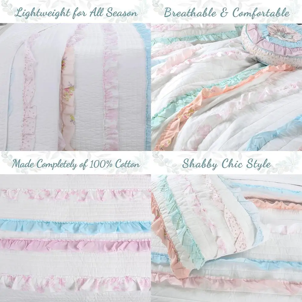 

Комплект двустороннего одеяла из 100% хлопка с рюшами, цвет коралловый светло-розовый, для девочек, в стиле шебби-шик, размер Queen (4 предмета)