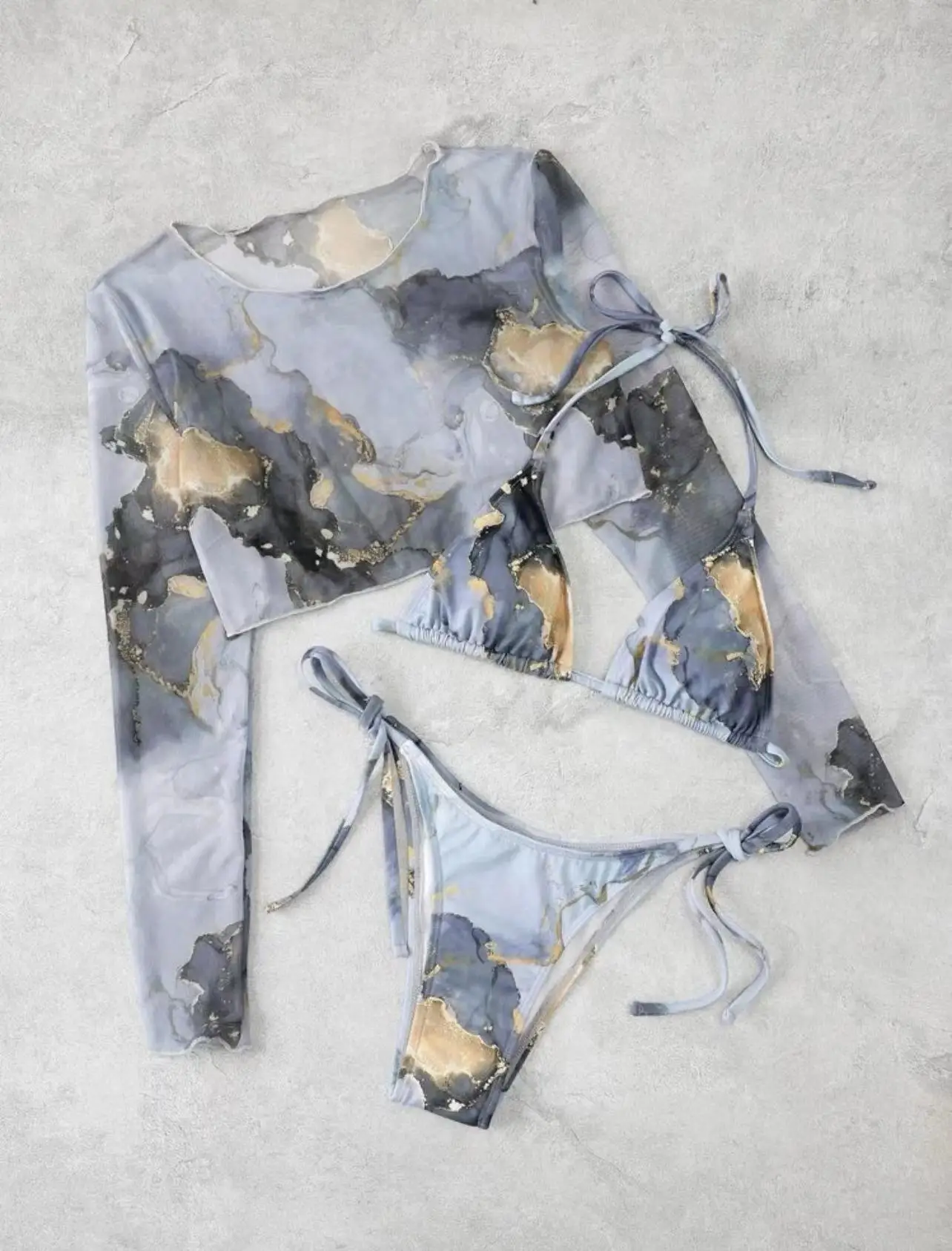 Bikini estampado de 3 piezas para mujer, traje de baño con Top de manga larga, ropa de playa para mujer, traje de baño 2024
