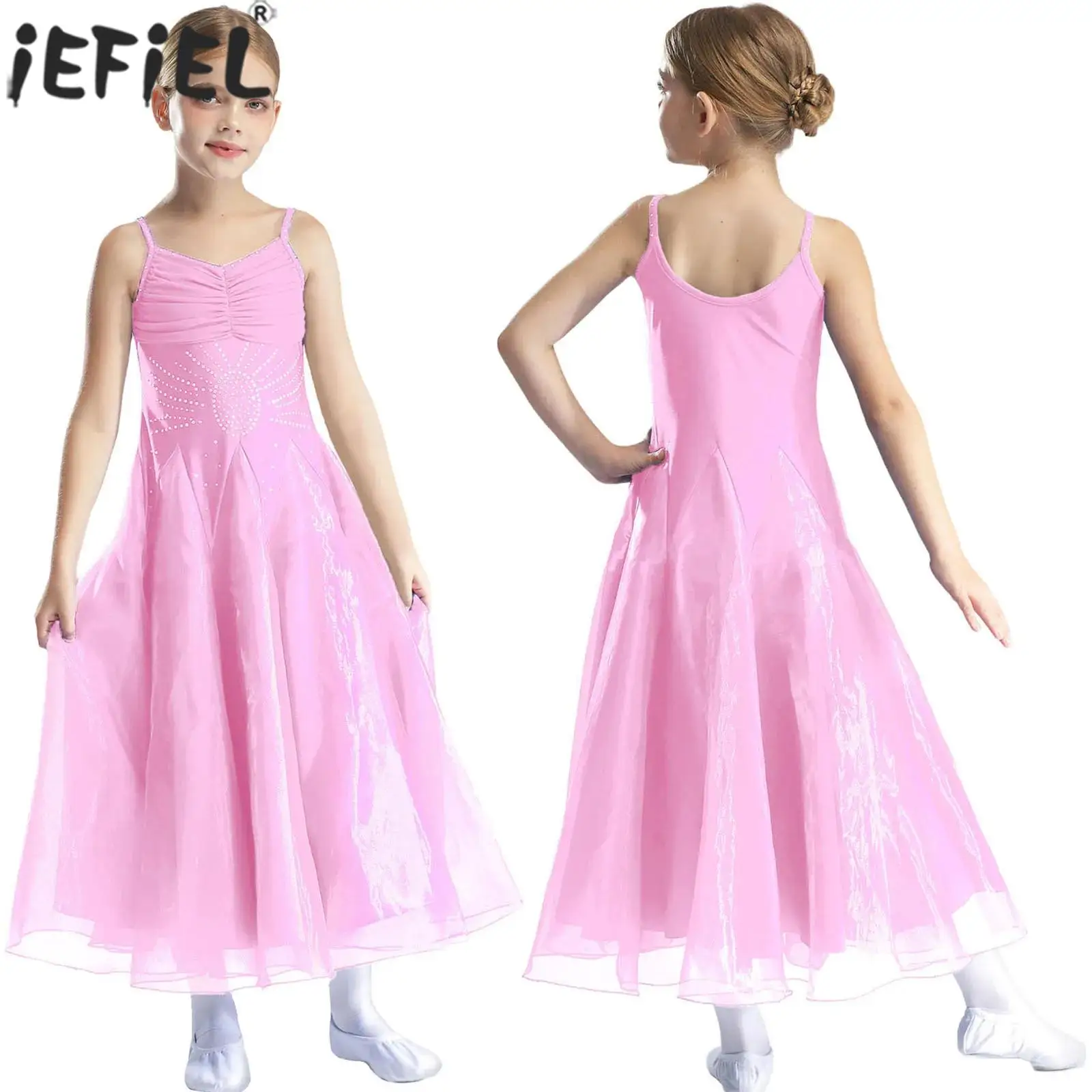 6-16Y Girl Modern Lyrical Dance Dress Spaghetti Straps Shiny Rhinestones Wide Hem Dresses for Ballroom Dancing Waltz Performance