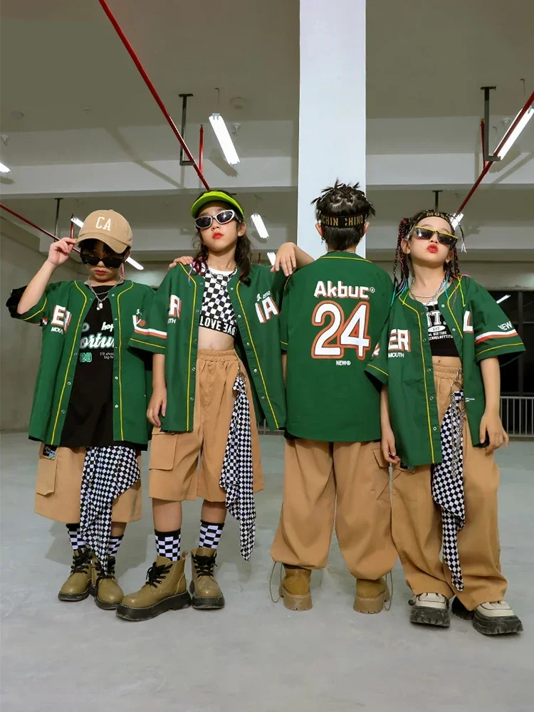 

Cool Streetwear Children Jazz Clothes Set Kids Street Dance Costume Hip Hop Boys Fashion Baseball Jacket Solid Cargo Pants