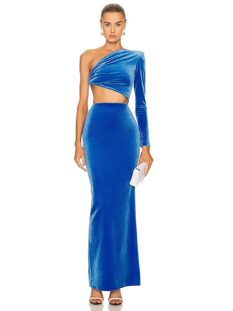 エレガントなワンショルダー長袖ベルベットマキシドレスセクシーなブルーウエストカットアウトシャーリングスプリットボディコンドレスイブニングクラブパーティードレス