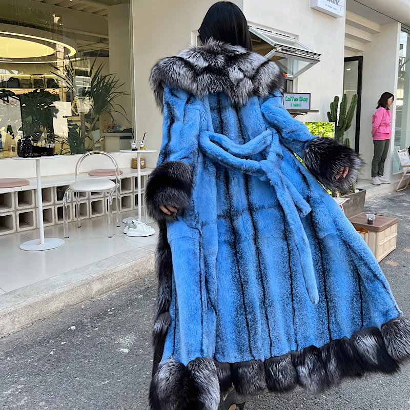 2023Women Real Rex Rabbit Fur Coats With Fox Lapel Collar Natural Whole Skin Genuine Fur Long Jackets Overcoat Winter