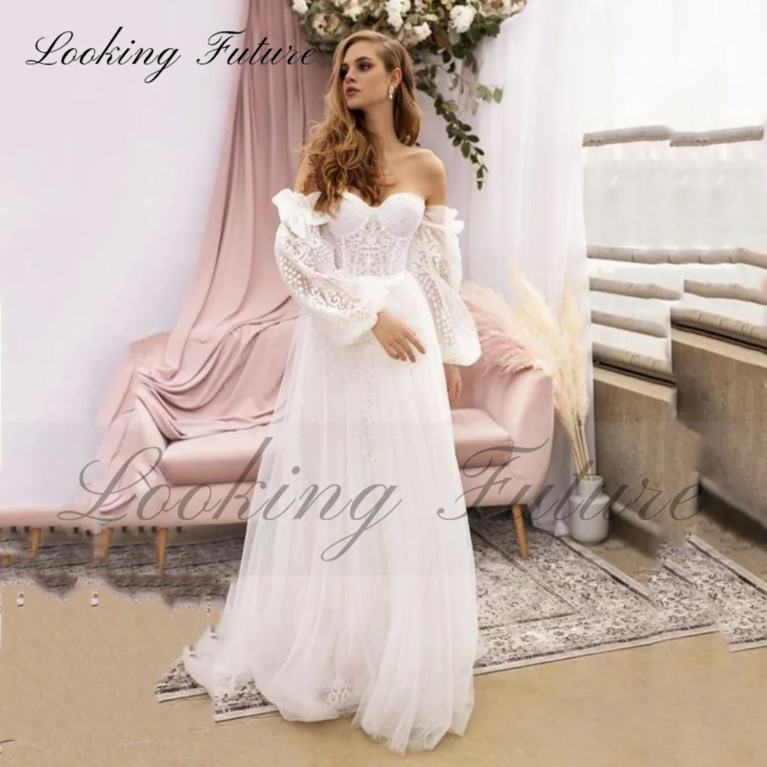 Elegant Lace A Line Wedding Dresses Sweetheart Half Puff Sleeve Embroidery Bride Gowns Princess Plest Illusion Dress Customized