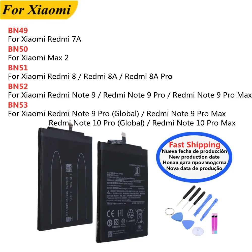 BN51 BN53 BN49 BN50 BN52 Akku für Xiaomi Redmi Note 9 Pro Max / Redmi Note 10 Pro Max / Redmi 8 8A Pro 7A Mi Max 2 Batterien