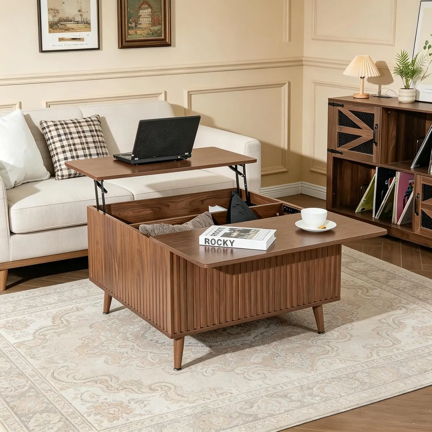 

Lift Top Square Coffee Table Hidden Storage Mid Century Modern Fluted Living Room Home Office Studio Walnut, Customized