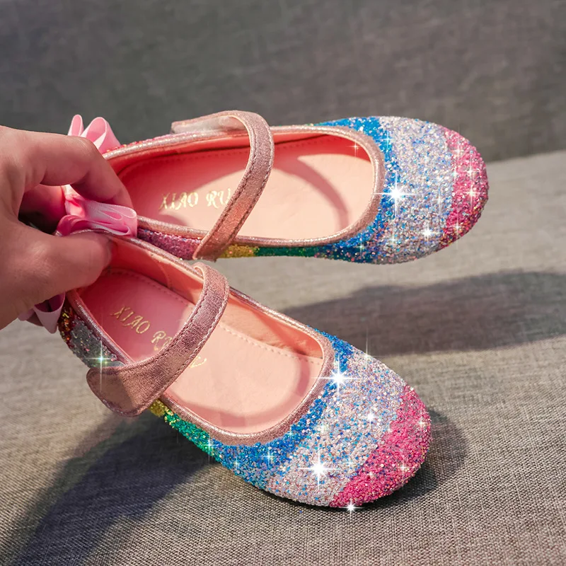 Picture 4: Kids Shoes Girls 2025 New Spring Princess Flat Party Dancing Shoes Rainbow Sequins Children Girls Shoes with Bowtie 24-38 CSH985