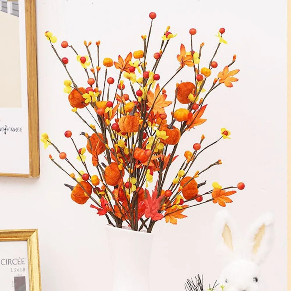 Plastic Artificial Maple Leaf Pumpkin Branch Elegant Realistic Fall Berry Pumpkin Branches DIY Autumn Maple Leaves Berry Twigs