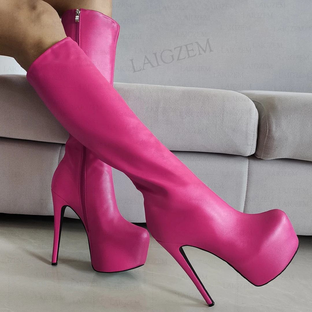 

ZHIMA Women Knee High Boots Platform Faux Leather Full Zipper Thin High Heels Boots Cosplay Shoes Woman Big Size 41 44 46 52