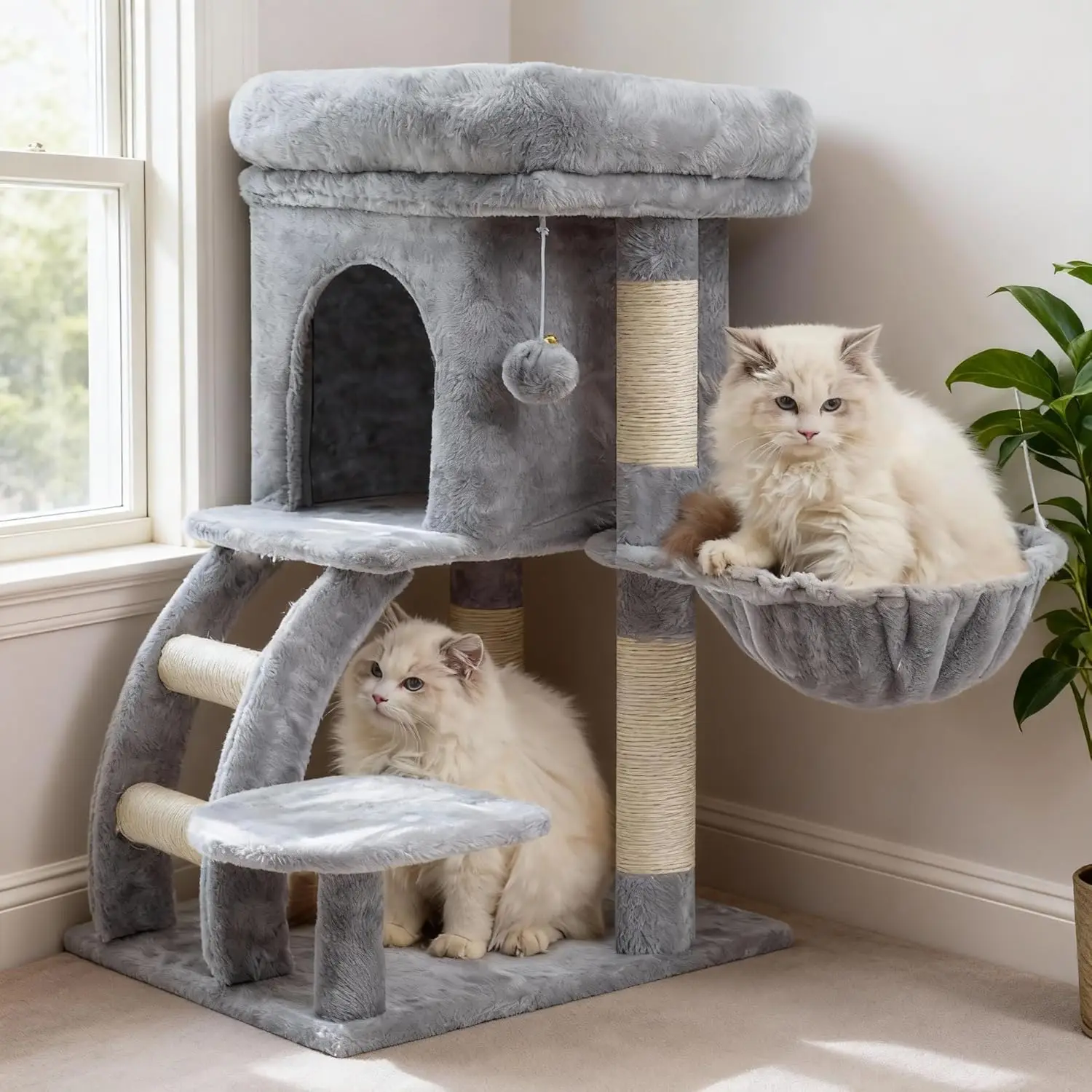 

Cat Tree Tower, Cat condo for Indoor Kittens, Cat House with Wide Plush Top Perch, Ladder, Basket, Sisal-Covered Scratching