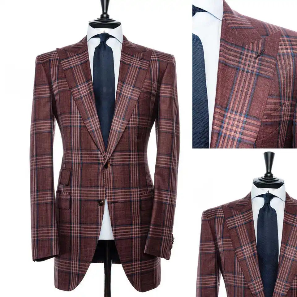 

Vintage Plaid Men's Wedding Long Blazer Peaked Lapel Jacket Single Breasted Tuxedos Business Party Groom Wear Only Coat