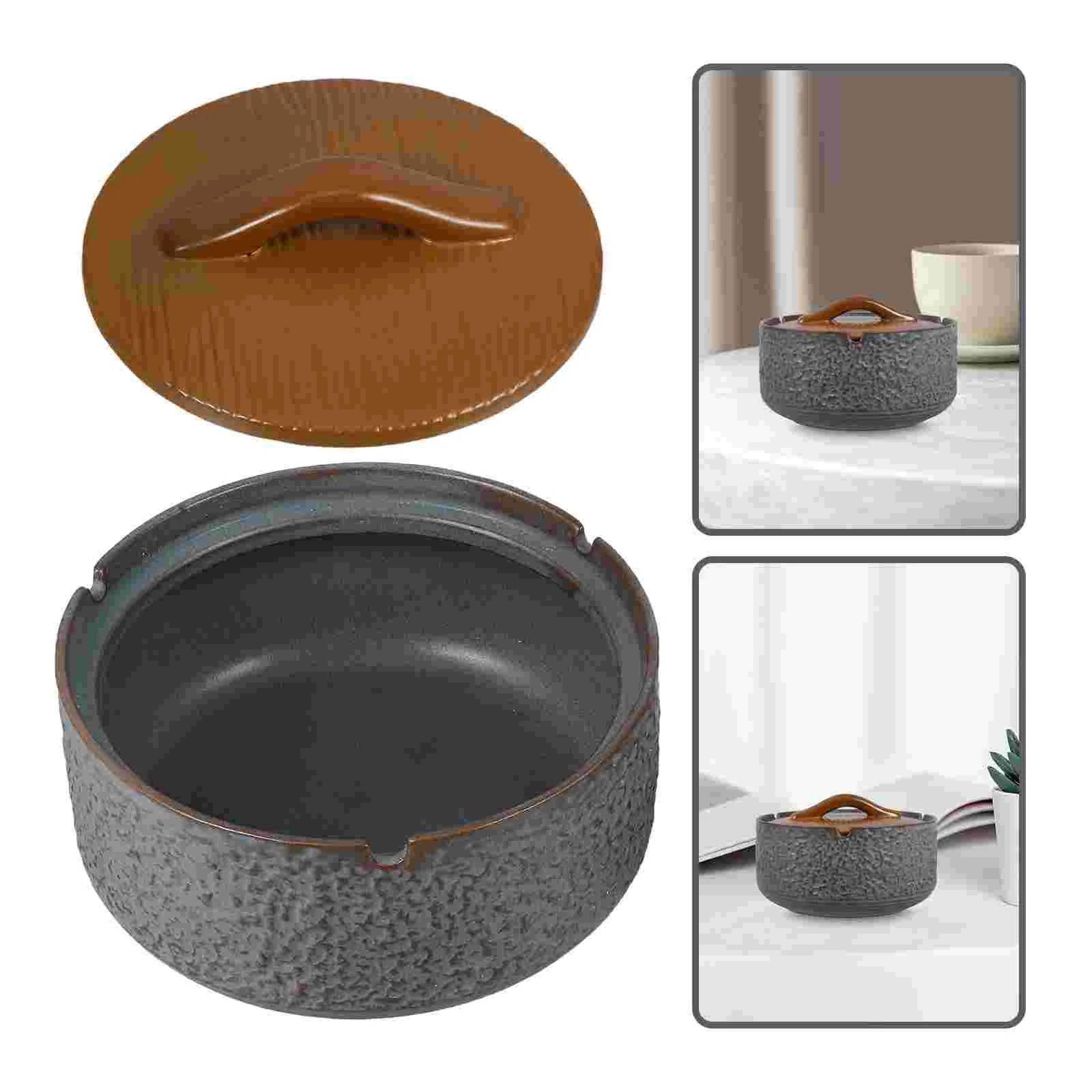 

Retro Ceramic Ashtray Chinese Catchers Smoking Vintage Decor Mini Portable Desktop Ornament with Lids Windproof