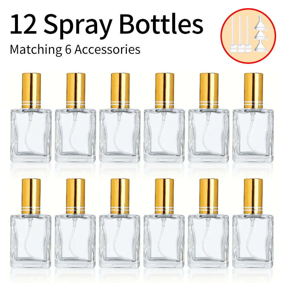 12pcs+6 accessories 15ml transparent perfume spray bottle, including 12 spray bottles, 3 funnels, and 3 sub-packing artifacts