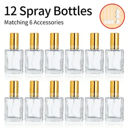 12pcs+6 accessories 15ml transparent perfume spray bottle, including 12 spray bottles, 3 funnels, and 3 sub-packing artifacts