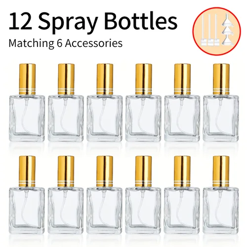 12 Uds + 6 accesorios botella de spray de perfume transparente de 15ml, incluida 12 botellas de spray, 3 entradas y 3 artefactos subembalados