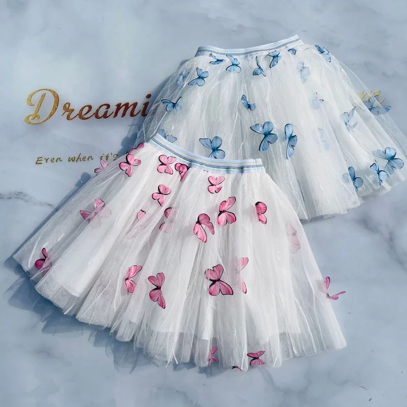 Summer Girls Mesh Tutu Skirts Princess Pretty Stereoscopic Butterfly Fluorescence Pleated Tutu Embroidery Girl Lace Faldas Dance